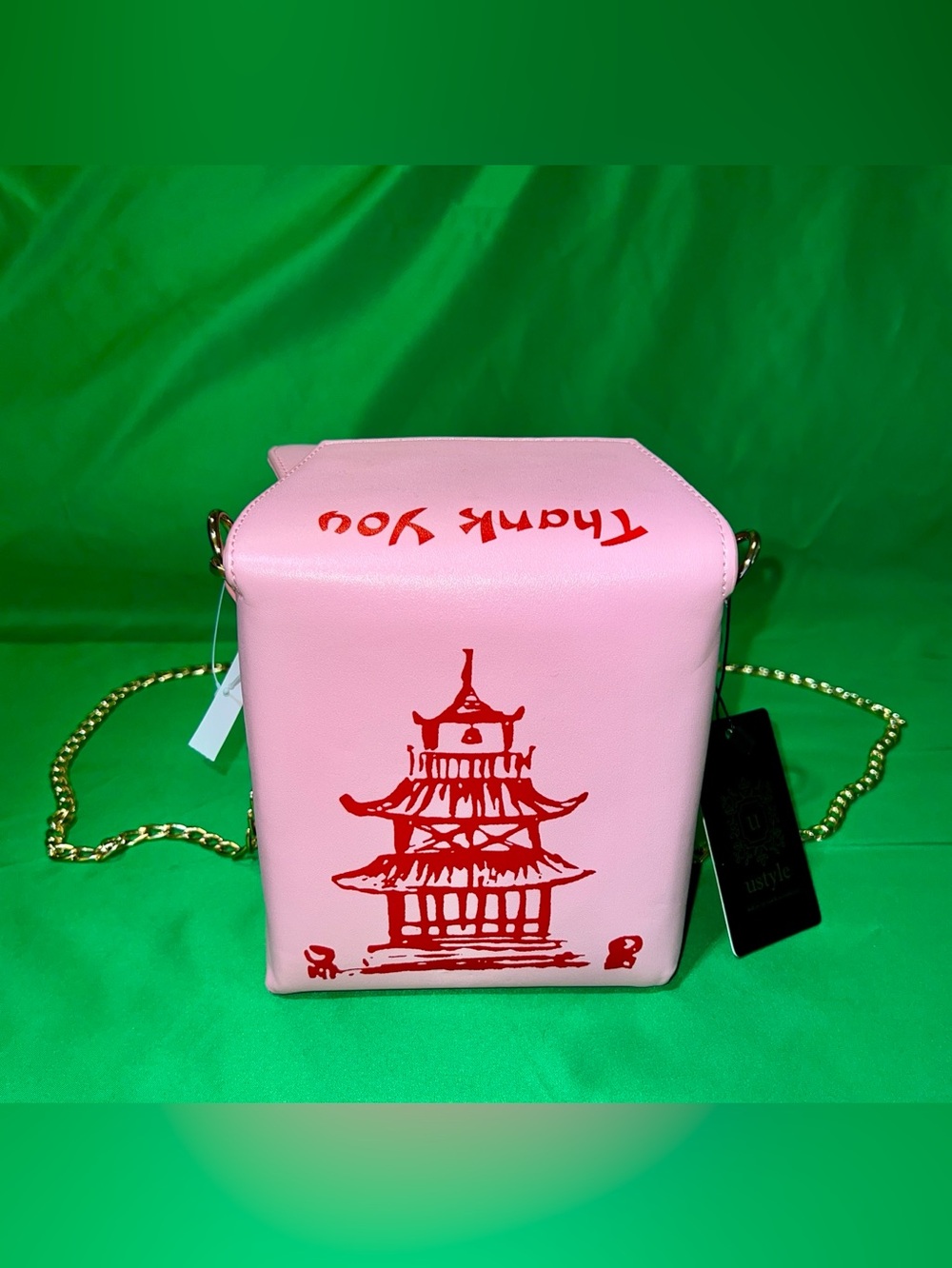 Pink “Chinese Takeout Box” Crossbody Bag with Red Pagoda Print and Gold Chain🔥🔥